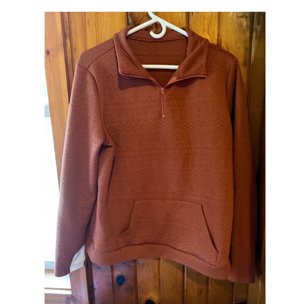 Women Rust Orange Geometric Embossed Quarter Zip Pullover Thumbhole Cuffssize XL